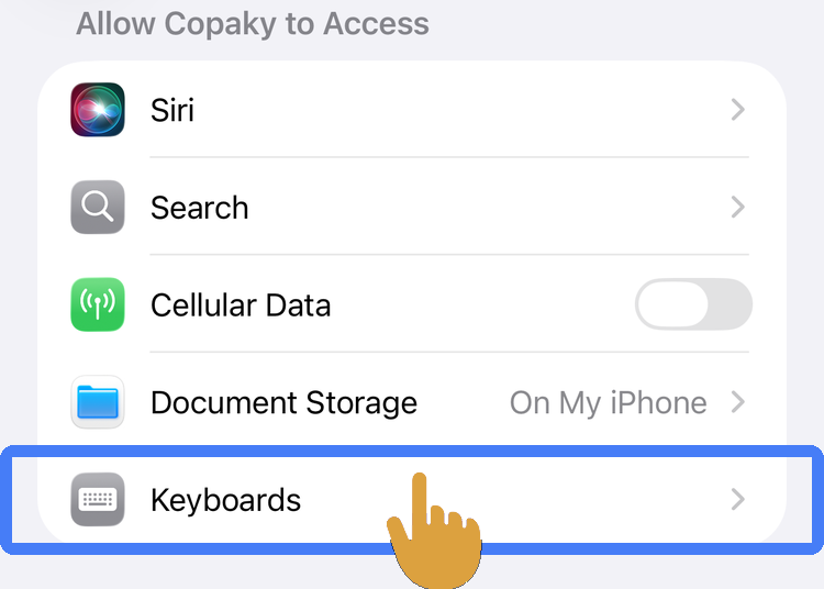 The Keyboards row highlighted, with a hand pointing where to tap