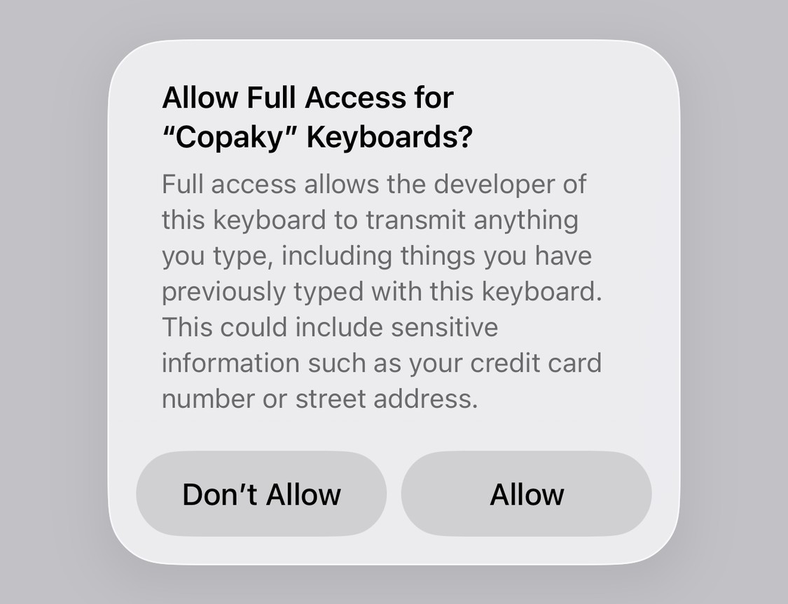 iOS's Allow Full Access alert