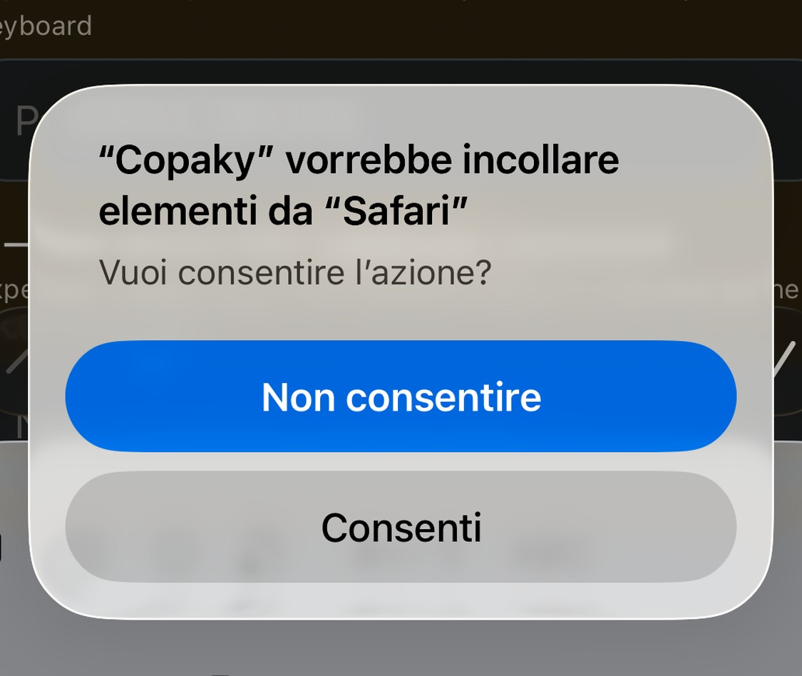 La finestra di iOS che chiede il permesso di incollare